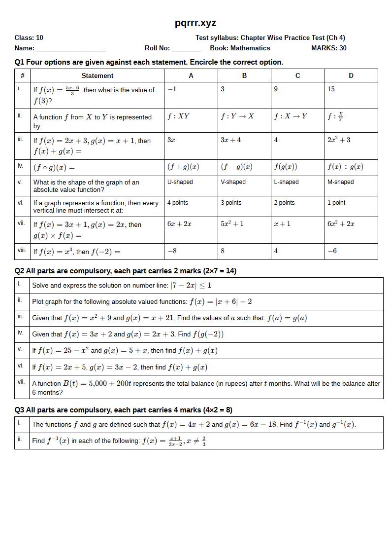 First page of 10th Mathematics – Chapter 4 – Functions and Graphs – Chapter Wise Practice Test, 30 marks (English)
