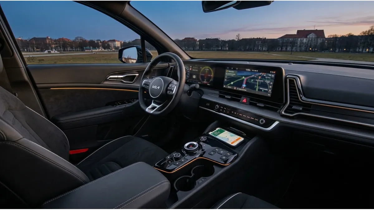 Habitacle élégant du Kia Sportage avec écran tactile, éclairage d’ambiance et tableau de bord numérique
