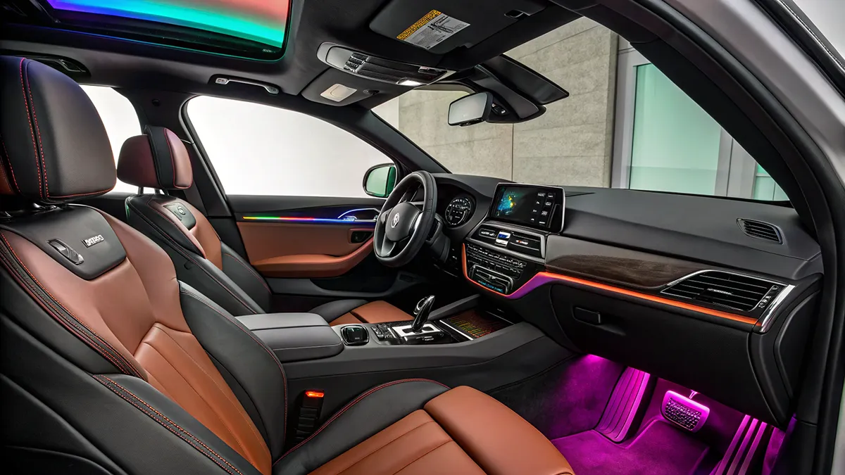 Habitacle de la BMW X3 Pack M montrant des sièges sport en cuir Vernasca, un éclairage d'ambiance réglable et l'écran tactile du système iDrive 8.