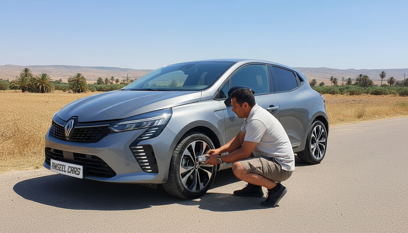 Conducteur vérifiant la pression des pneus d’une Renault Clio 5 sur une route au Maroc, ciel dégagé et paysage aride en arrière-plan. Clio 5
