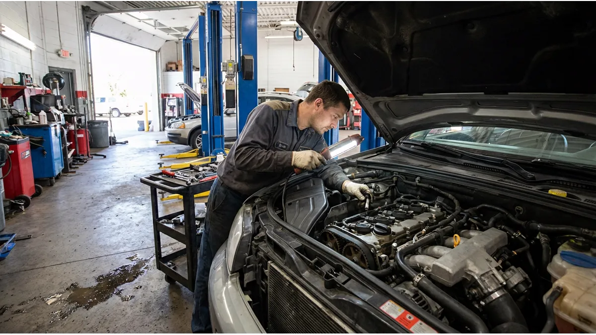 Un mécanicien examine le moteur et les bougies d’allumage d’une voiture sur un pont élévateur, symbolisant une révision périodique et des contrôles approfondis d’entretien automobile