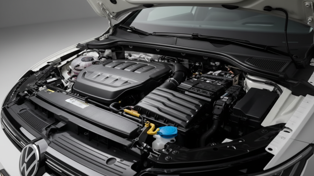 Vue détaillée du compartiment moteur d’une Golf 8 avec les composants mécaniques visibles, illustrant la performance et la technologie avancée de la Golf 8