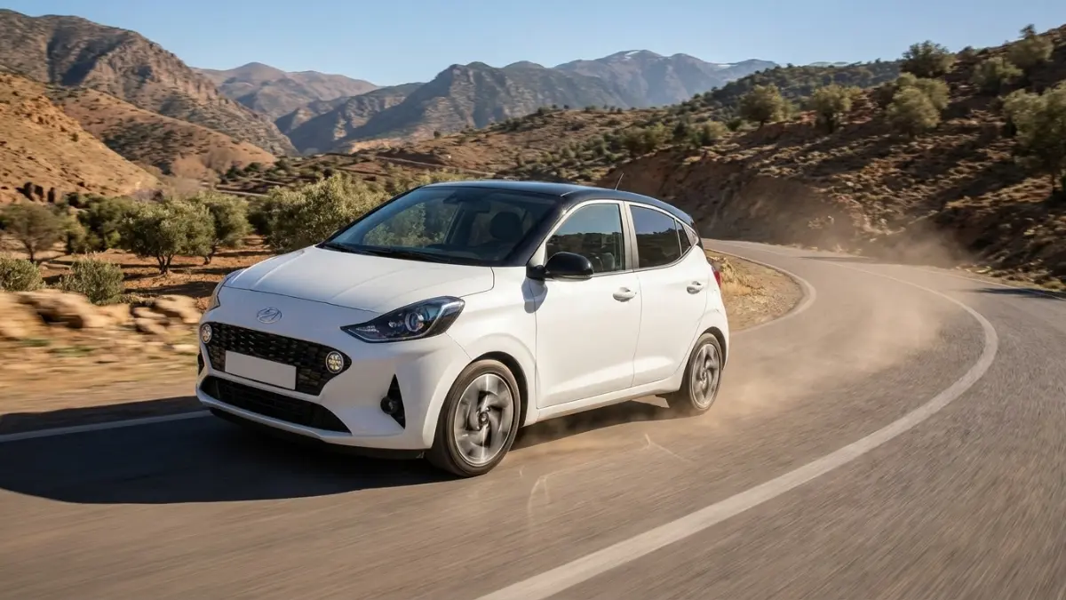 Vue latérale d’une Hyundai i10 en mouvement sur une route sinueuse au Maroc, illustrant ses performances techniques, Hyundai i10.