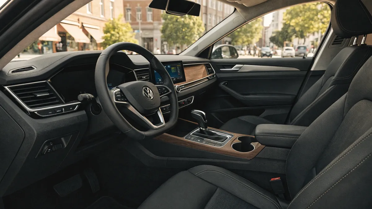 Vue intérieure du Volkswagen T-roc 2024 montrant le tableau de bord moderne avec grand écran tactile, sièges en cuir et éclairage d’ambiance, sans texte ni chiffres. T-roc