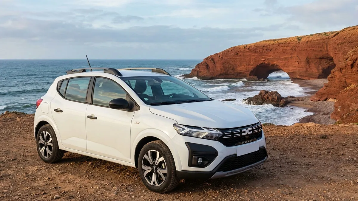 Dacia Sandero Stepway stationnée devant les arches naturelles de Legzira avec vue sur l’océan et falaises, sans texte dacia sandero Stepway
