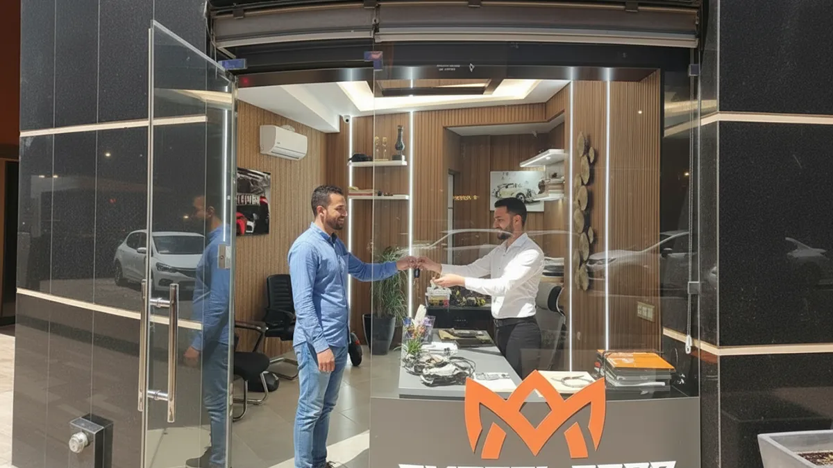 Client recevant les clés d'une Renault Clio 5 blanche dans une agence de location au design moderne, plusieurs voitures alignées en arrière-plan. Clio 5 blanche