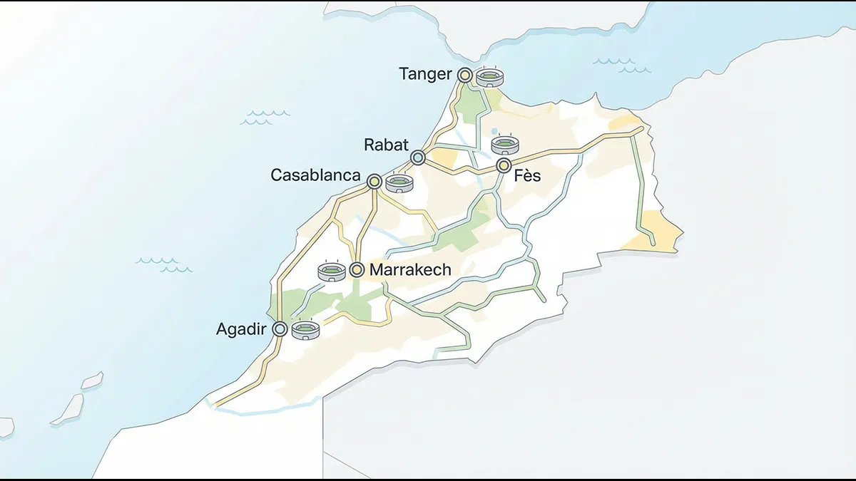 Carte des villes hôtes de la CAF 2025 au Maroc avec repères des stades