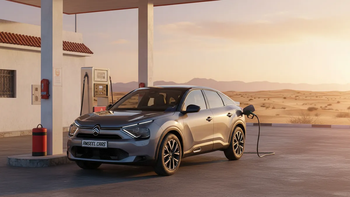 Citroën C4 à une pompe d'une station-service locale marocaine avec paysage désertique en arrière-plan, évoquant optimisation carburant. Focus keyword: Citroën C4