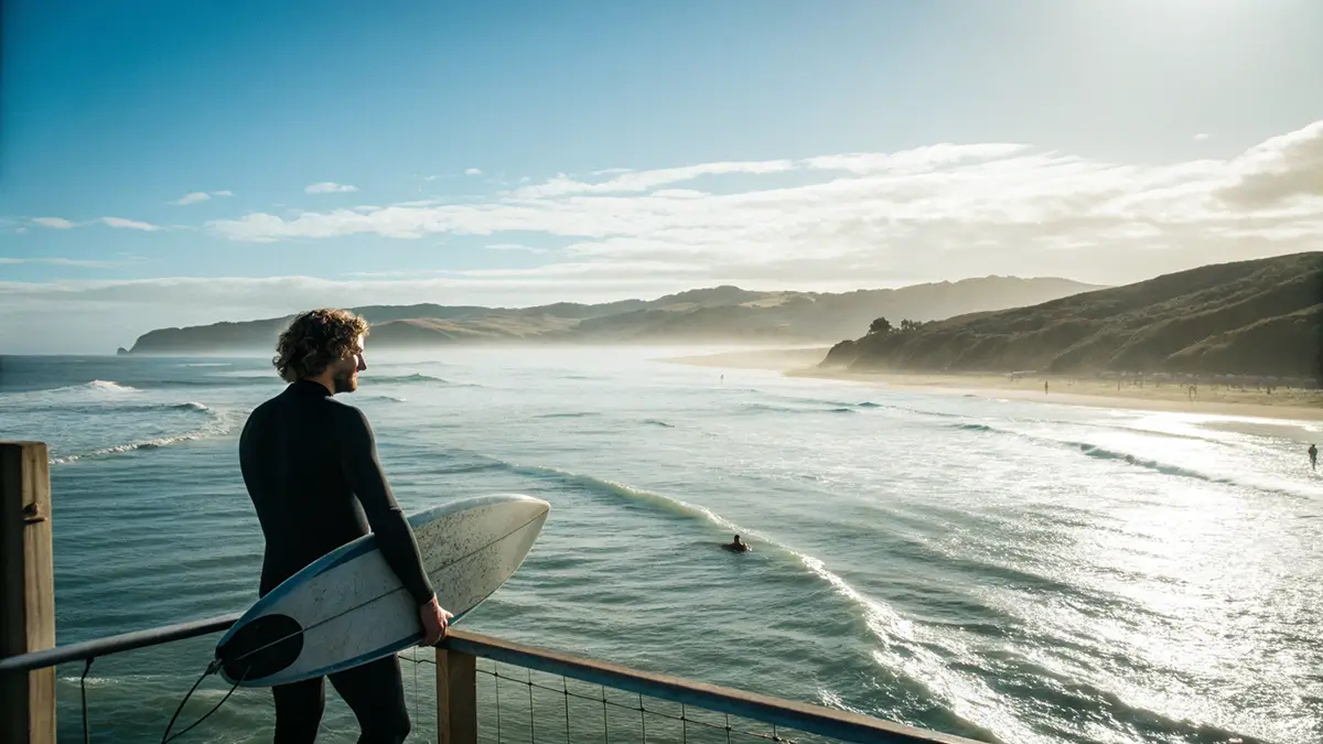 Surfeur analysant la houle et le vent sur la côte d’Agadir avant de surfer