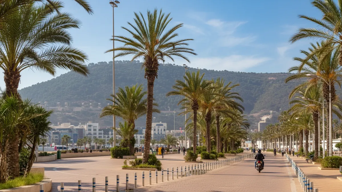 Façade du centre agadir bowling en bord de mer avec la plage d'Agadir et les yachts de la Marina en arrière-plan