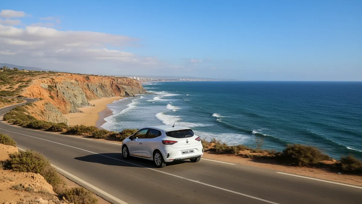 Renault Clio 5 blanche roulant sur une route côtière près d'Agadir, avec des falaises et l'océan Atlantique à l'arrière-plan. Clio 5 blanche