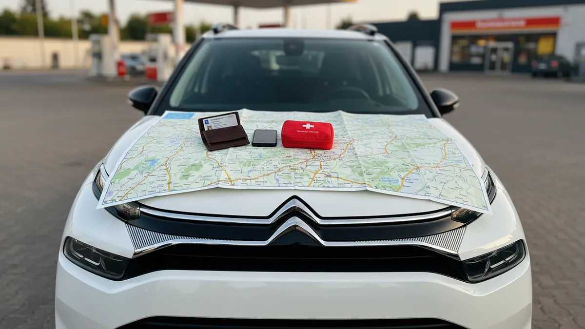 Carte routière dépliée sur le capot d’une Citroën C3 Aircross blanche 2024 avec un permis de conduire, un smartphone et une trousse de secours