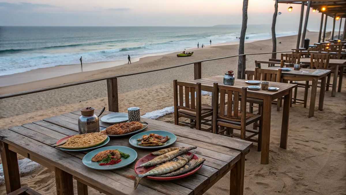 Terrasse de restaurant en bord de plage à Imi Ouaddar avec plats de poisson grillé et tajines face à l’océan