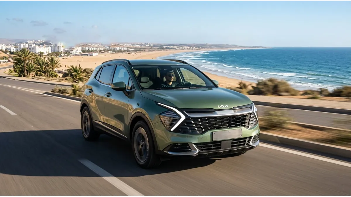 Kia Sportage longeant la corniche d’Agadir avec vue sur la plage et l’océan