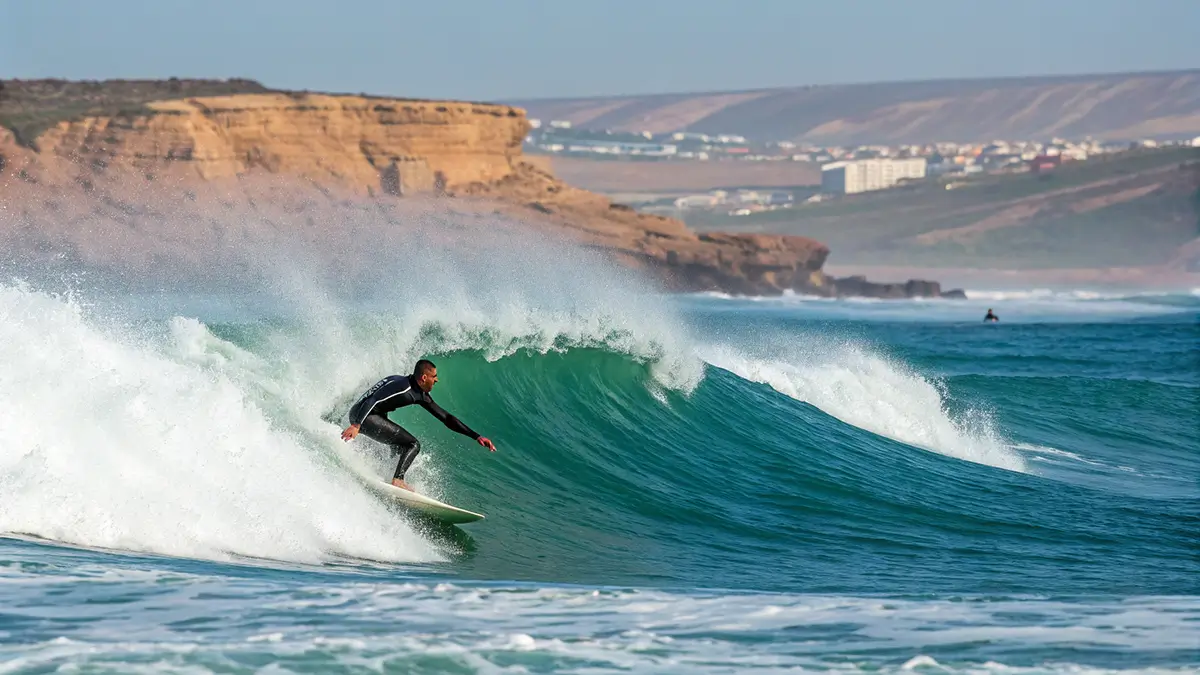 Surfeur intermédiaire effectuant un virage sur une vague propre près d’Agadir.