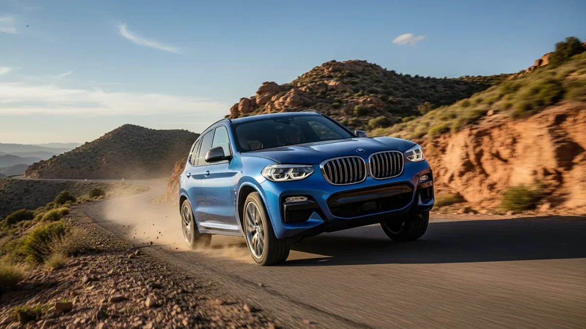 Vue avant dynamique d'une BMW X3 Pack M filant sur une route sinueuse de montagne au Maroc, illustrant puissance et réactivité du BMW X3 Pack M.