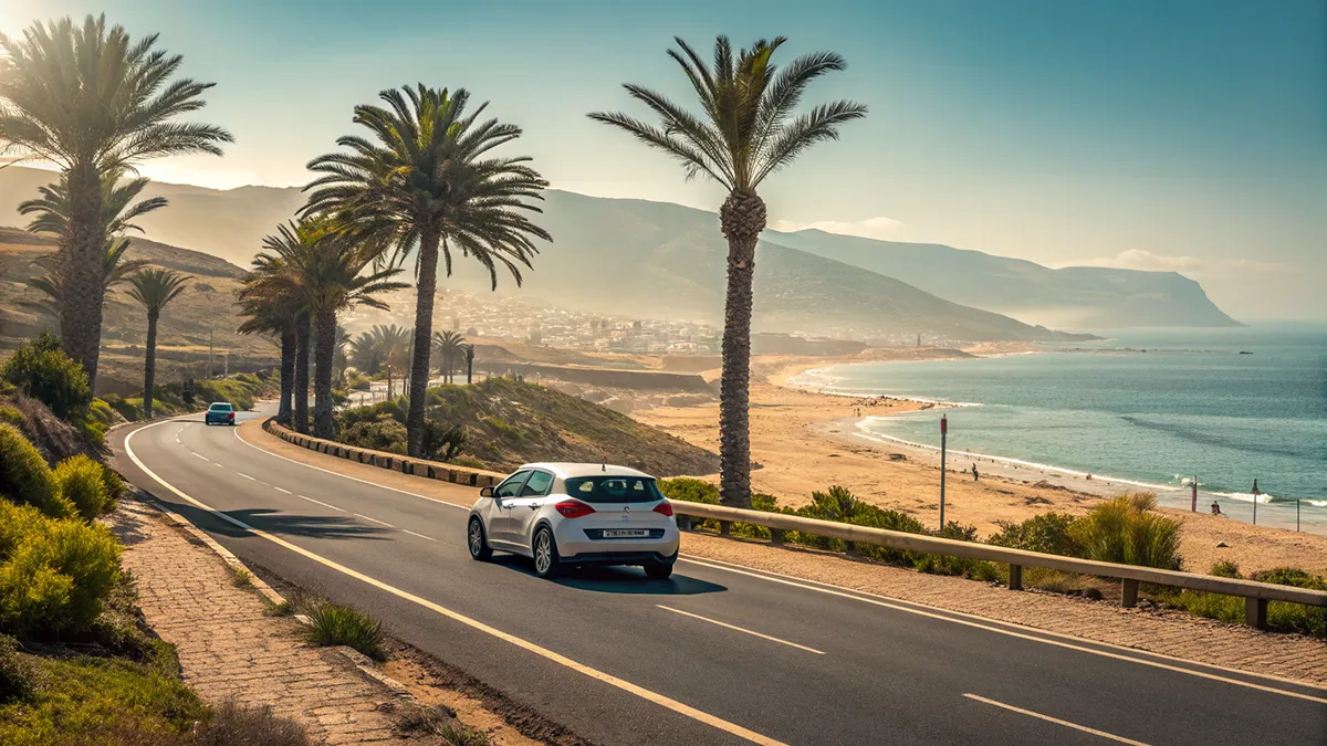 Voiture de location circulant sur une route côtière près d'Agadir avec palmiers, dunes et vue sur le centre agadir bowling