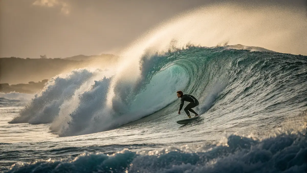 Surfeur confirmé sur une vague puissante de type reef près d’Agadir.
