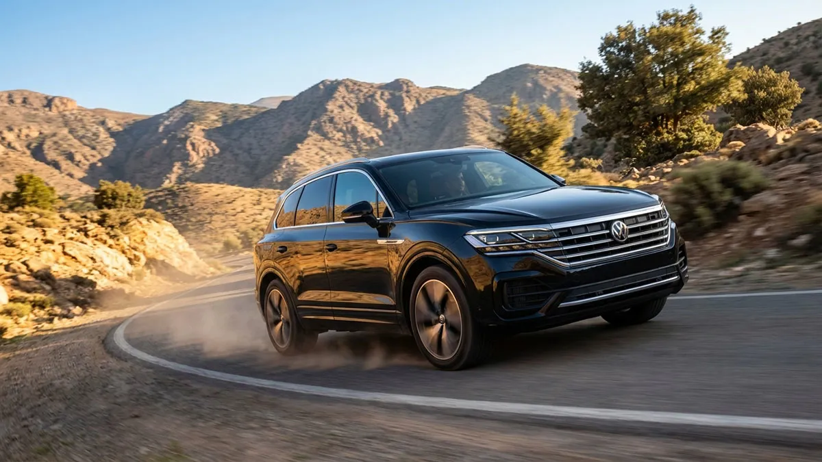 Volkswagen Touareg 2025 noir en pleine accélération sur une route sinueuse près des montagnes de l’Atlas au Maroc.