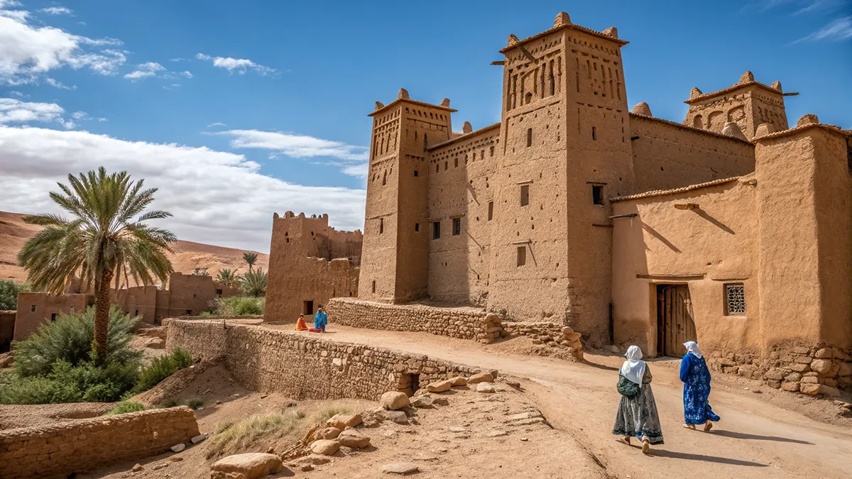 Kasbah berbère historique en pisé près de Taghazout avec ses tours de guet et des villageois en tenues traditionnelles, Taghazout
