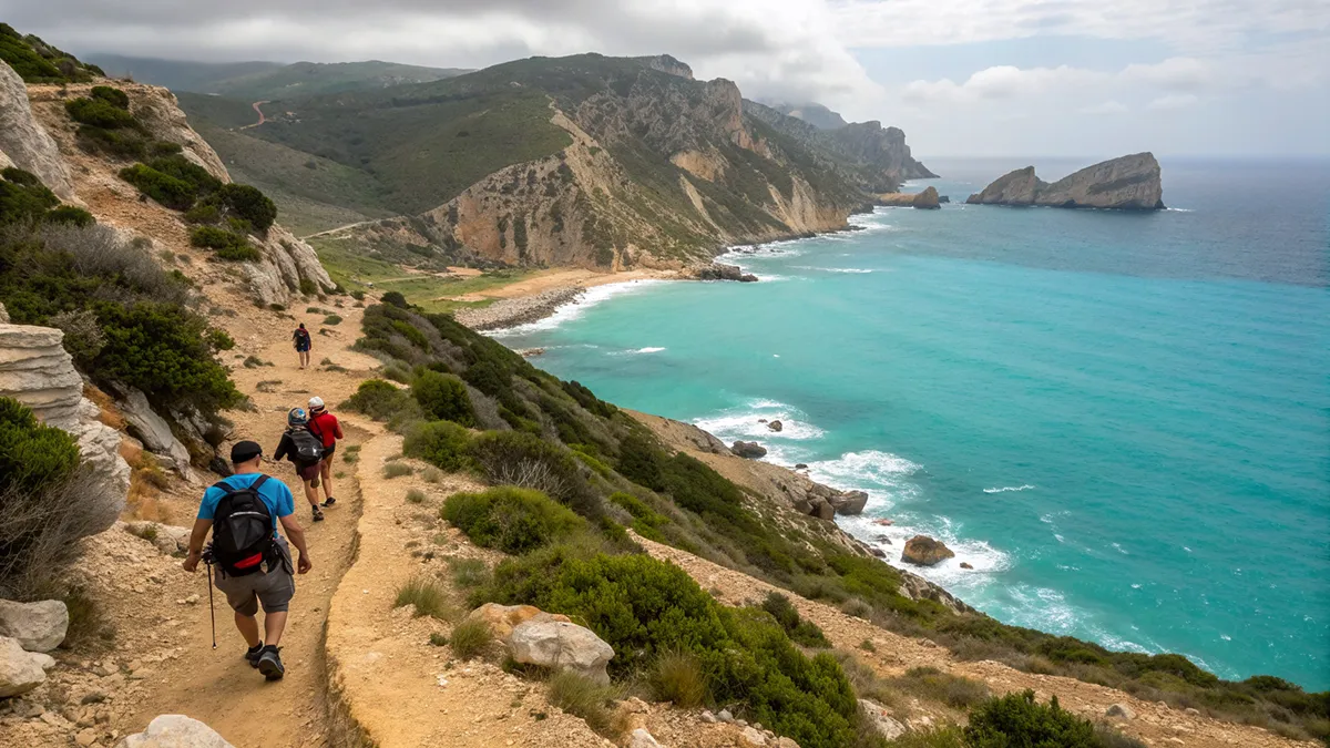 Groupe de randonneurs sur un sentier côtier au bord des falaises d’Imi Ouaddar avec vue sur l’océan