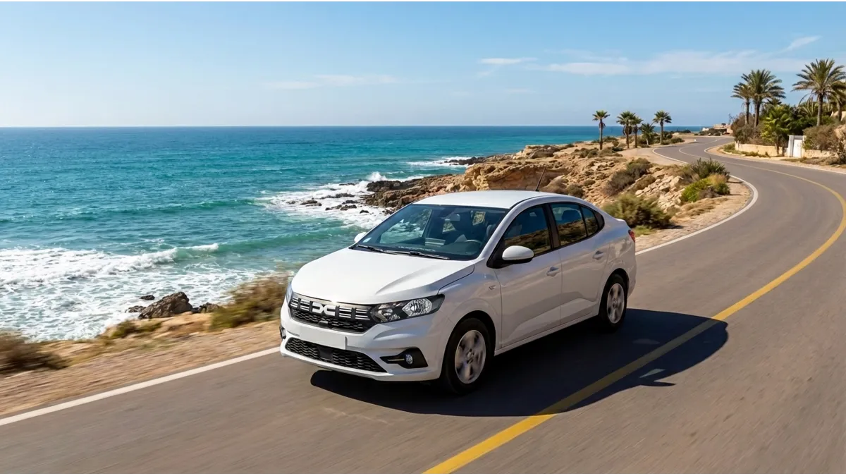 Une Dacia Logan 2024 roulant sur la route côtière entre Agadir et Taghazout avec l'océan Atlantique en toile de fond, illustrant un road trip au Maroc en Dacia Logan