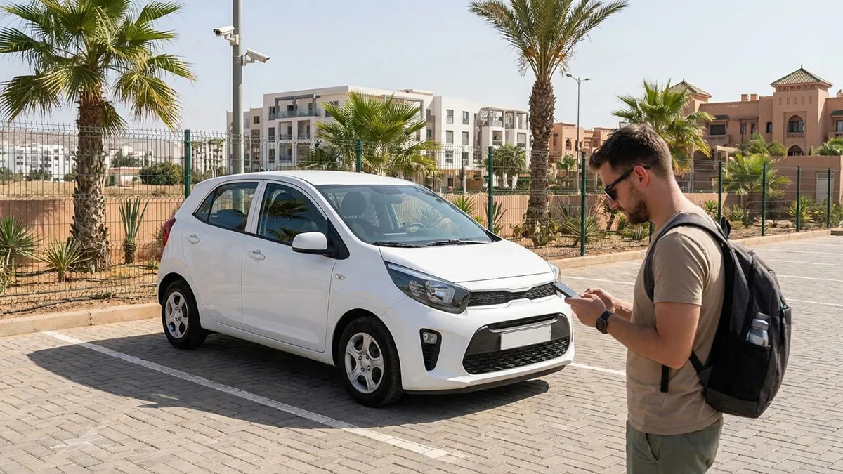 Touriste à côté d’une Kia Picanto 2025 stationnée dans un parking sécurisé à Agadir, consultant un smartphone.