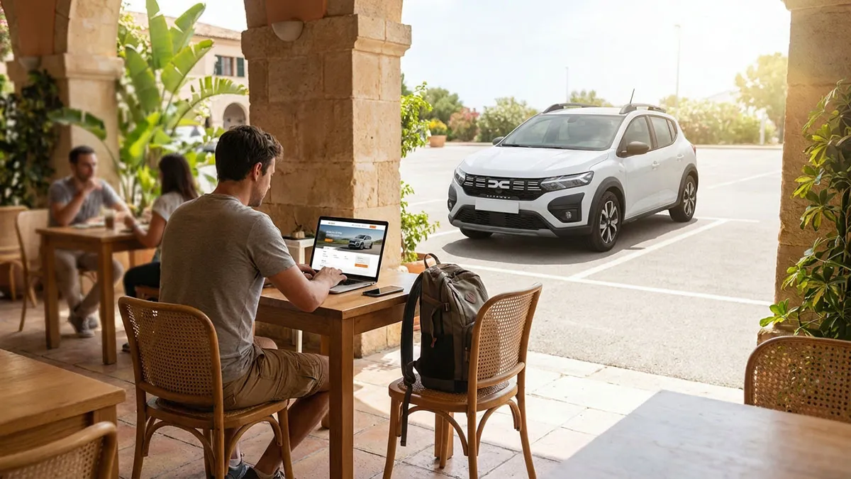 Voyageur réservant en ligne sur un ordinateur portable avec une Dacia Sandero Stepway stationnée à l’arrière-plan, sans texte dacia sandero Stepway
