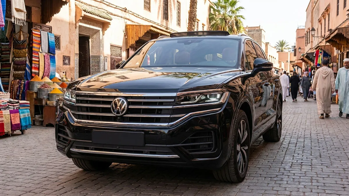 Vue avant de la Volkswagen Touareg 2025 montrant les capteurs avant et le système de caméra 360° en action, circulant en milieu urbain marocain.