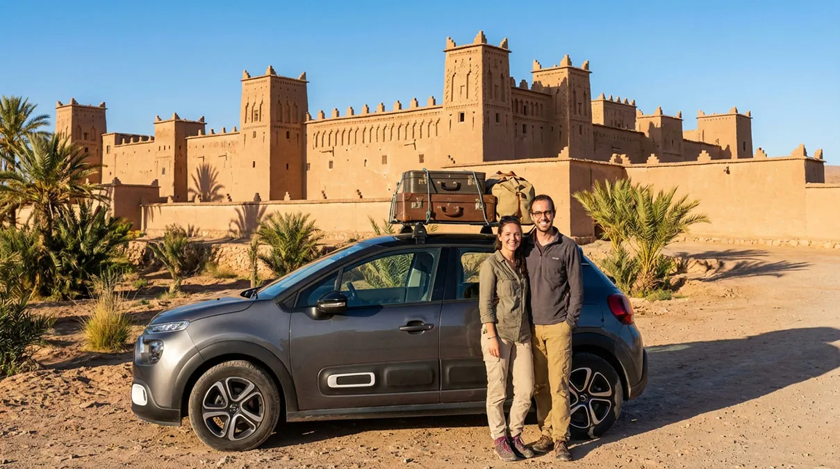 Un couple debout près d'une Citroën C3 Normal grise devant une kasbah marocaine