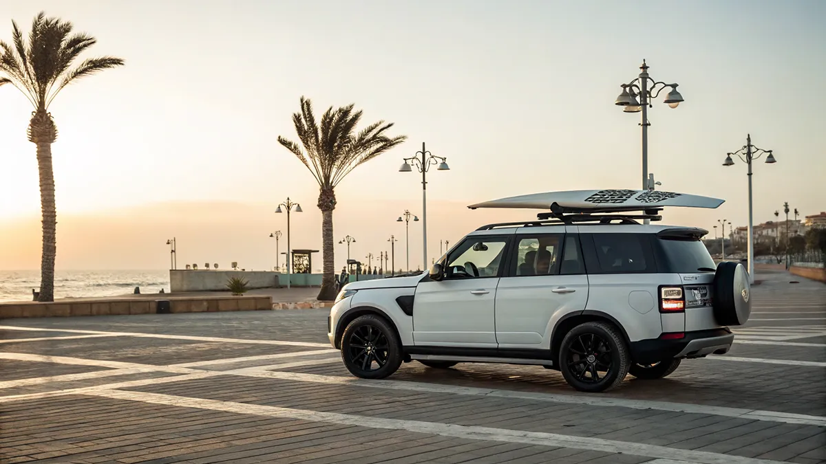 SUV de location garé devant la Marina d'Agadir avec une planche de surf sur le toit et le centre agadir bowling en arrière-plan