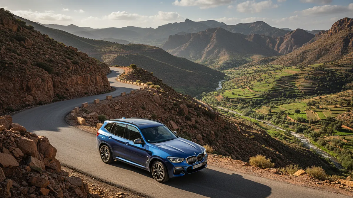 BMW X3 Pack M stationnée à un belvédère marocain, coffre ouvert et bagages visibles, mettant en évidence polyvalence et confort du BMW X3 Pack M.