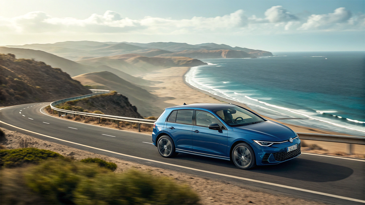 Vue arrière d’une Golf 8 en mouvement sur une route côtière du Maroc avec l’océan Atlantique et falaises à l’horizon, évoquant l’exploration et le road trip