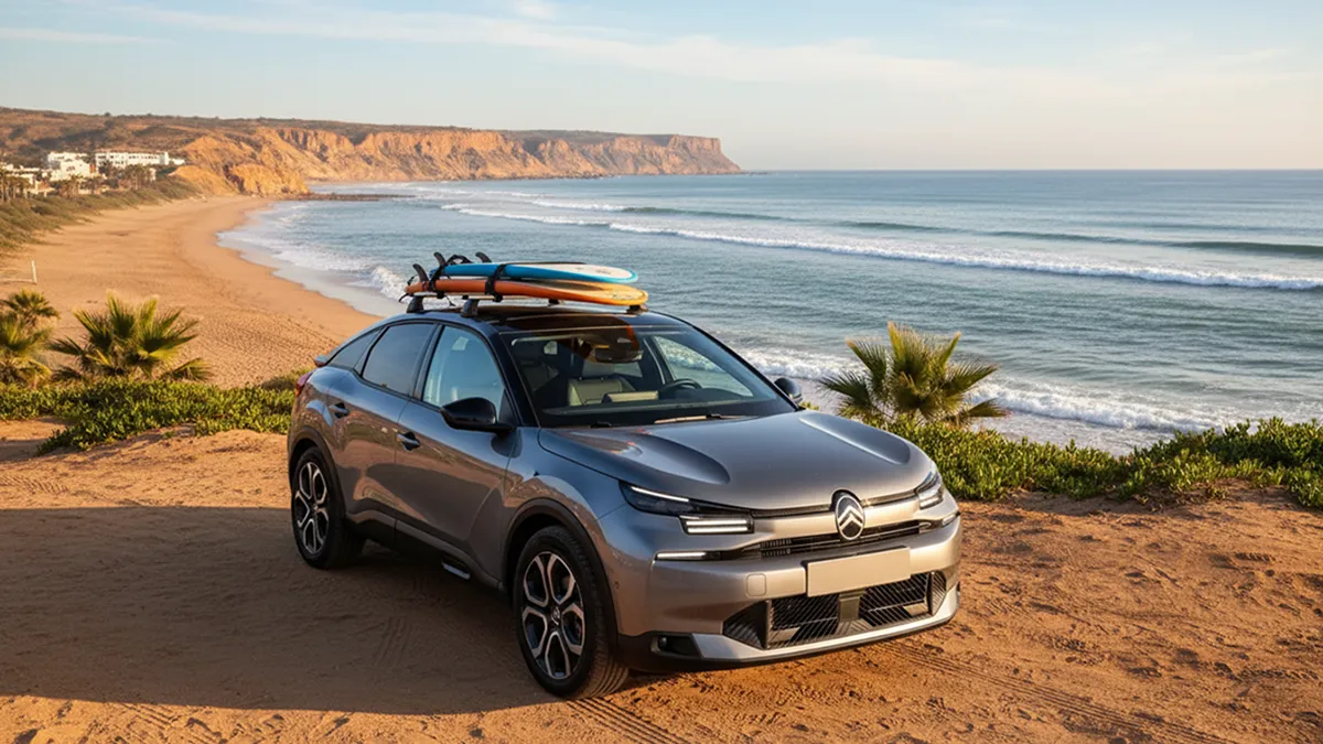 Citroën C4 garée près de la plage de Taghazout avec planches de surf sur le toit et océan en arrière-plan. Focus keyword: Citroën C4