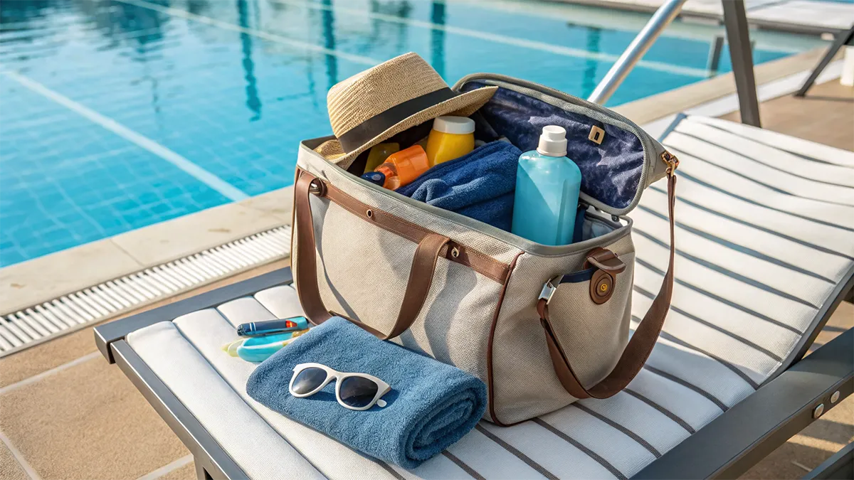 Sac de plage ouvert avec maillot, serviette, crème solaire, lunettes de soleil et bouteille d'eau devant la piscine d'Atlantica Park – atlantica park