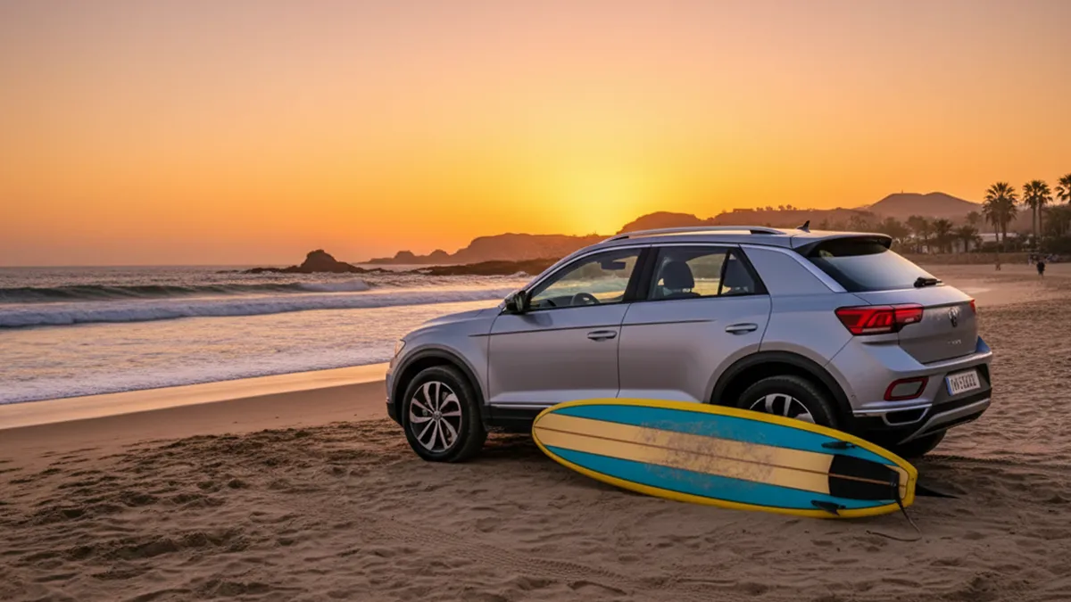Volkswagen T-roc stationné sur la plage de Taghazout au coucher du soleil avec une planche de surf appuyée contre la carrosserie, sans texte ni chiffres. T-roc