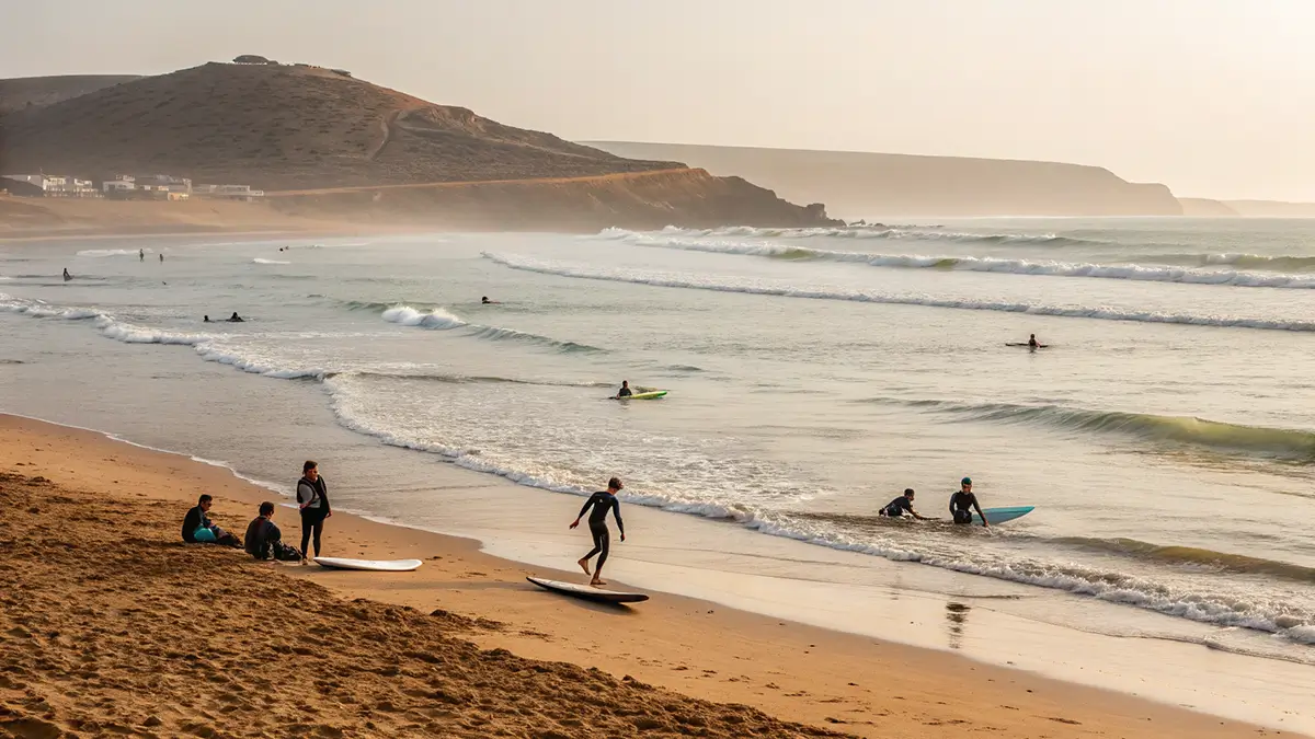 Débutants en cours de surf sur une plage sableuse près d’Agadir avec petites vagues.