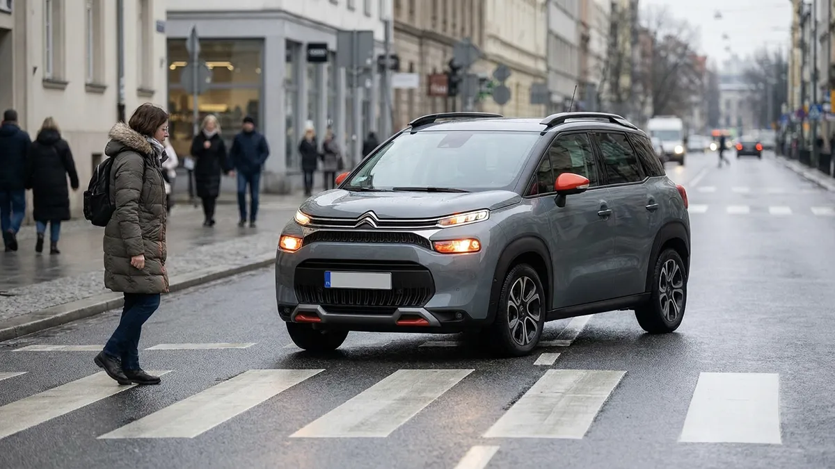 Citroën C3 Aircross Gris 2024 freinant devant un piéton sur un passage piéton urbain – C3 Aircross