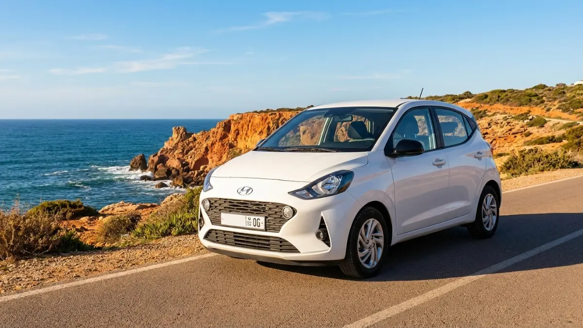 Hyundai i10 garée près d’une route côtière au Maroc, avec vue sur l’océan Atlantique et falaises, Hyundai i10.