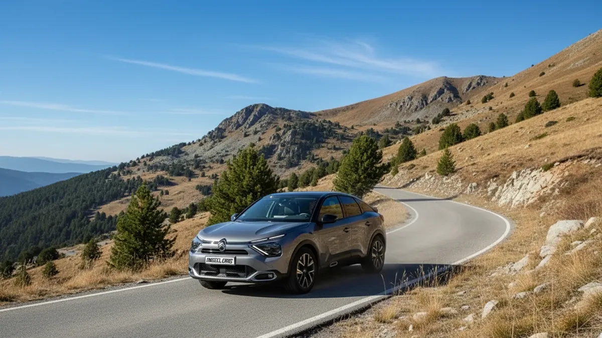Citroën C4 sur une route sinueuse de montagne montrant sa stabilité et fiabilité avec un environnement rocheux et ciel dégagé. Focus keyword: Citroën C4
