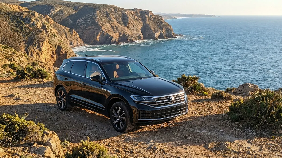 Volkswagen Touareg 2025 noir garé sur un promontoire côtier marocain avec la mer et des falaises en arrière-plan.