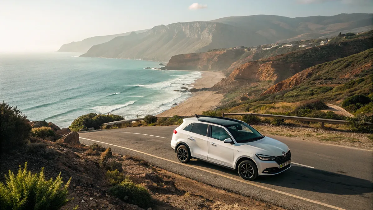 Voiture de location garée sur la route côtière à Taghazout avec l'océan en arrière-plan, Taghazout