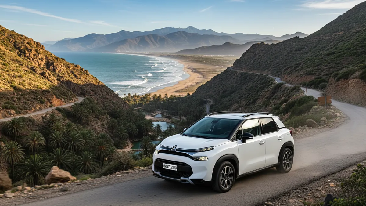 Citroën C3 Aircross blanche 2024 traversant une gorge rocheuse de la Vallée du Paradis avec en fond la route côtière et les montagnes de l’Atlas