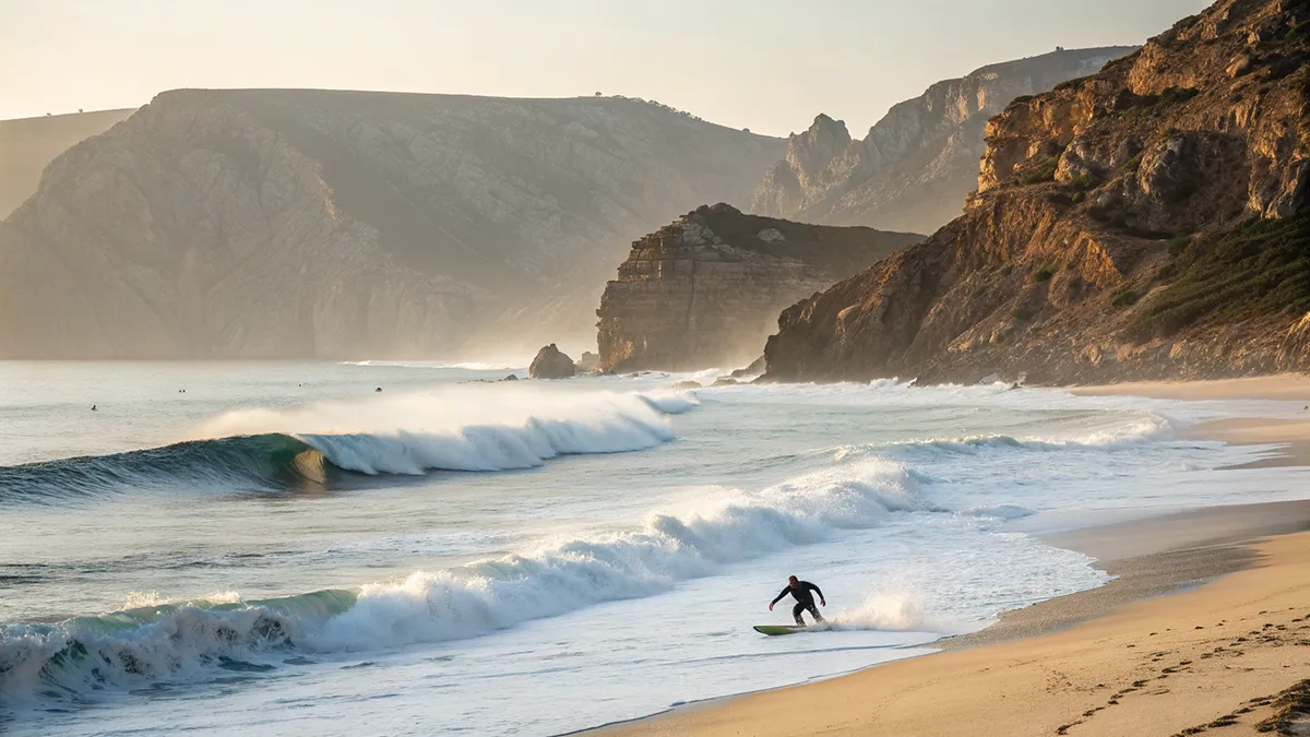 Surfeur attrapant une vague sur la plage sauvage d’Imi Ouaddar avec falaises en arrière-plan
