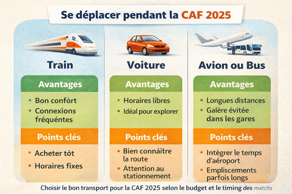 Infographie transport pour la CAF 2025 au Maroc comparant train, voiture et avion ou bus