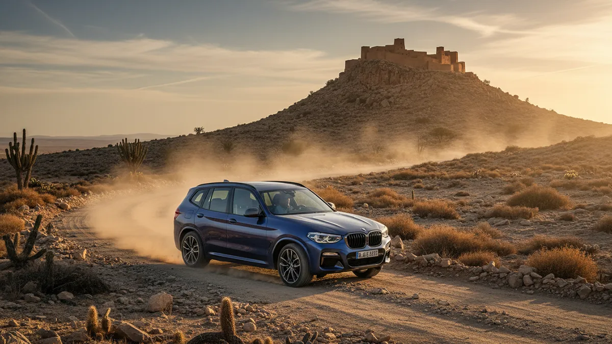 BMW X3 Pack M conduisant sur un col de montagne sinueux au Maroc, vallée et gorges en arrière-plan, paysage spectaculaire du BMW X3 Pack M.
