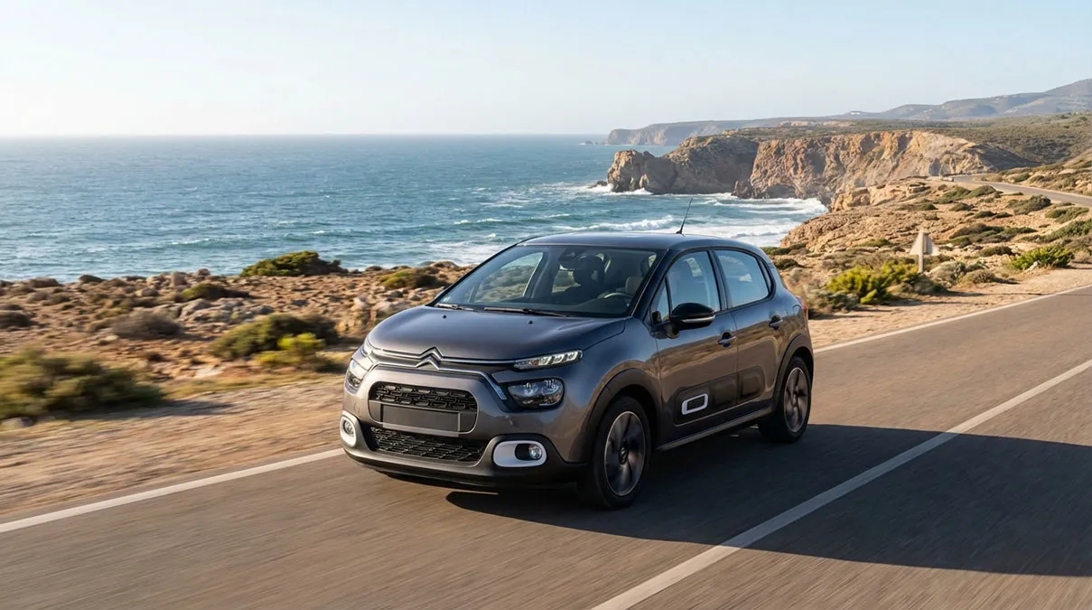 Citroën C3 Normal grise roulant le long de la côte atlantique marocaine