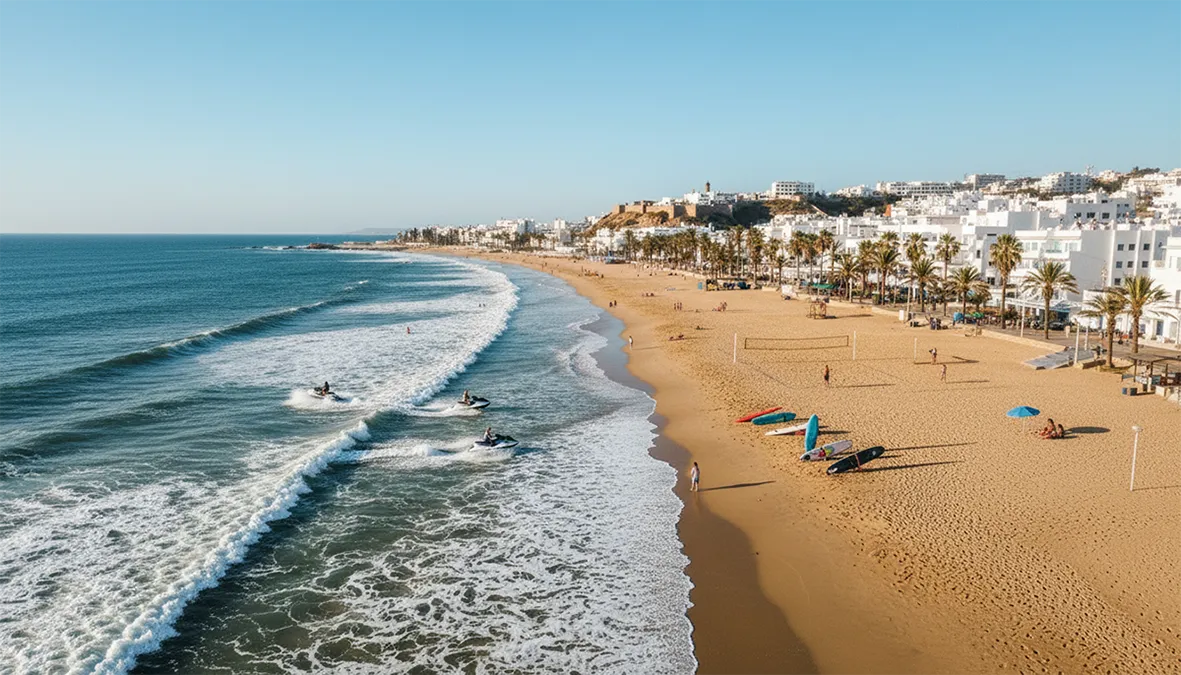 Activités de plage d'Agadir avec jet-skis, surfeurs, beach-volley et palmiers sous un ciel ensoleillé