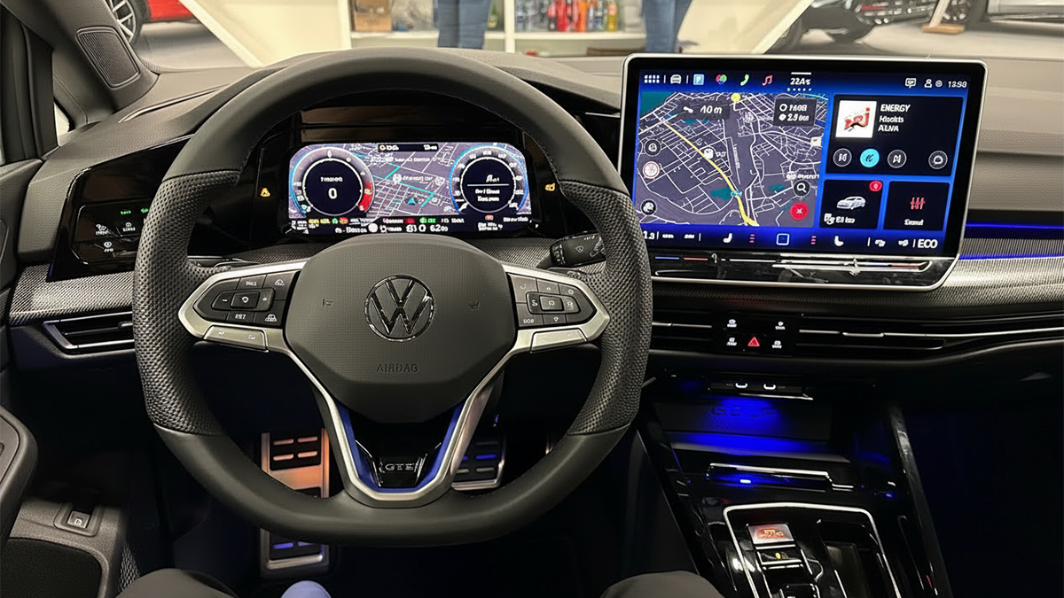 Habitacle d’une Golf 8 avec tableau de bord numérique, écran tactile central et sièges en cuir, illustrant la technologie embarquée et le confort haut de gamme de la Golf 8