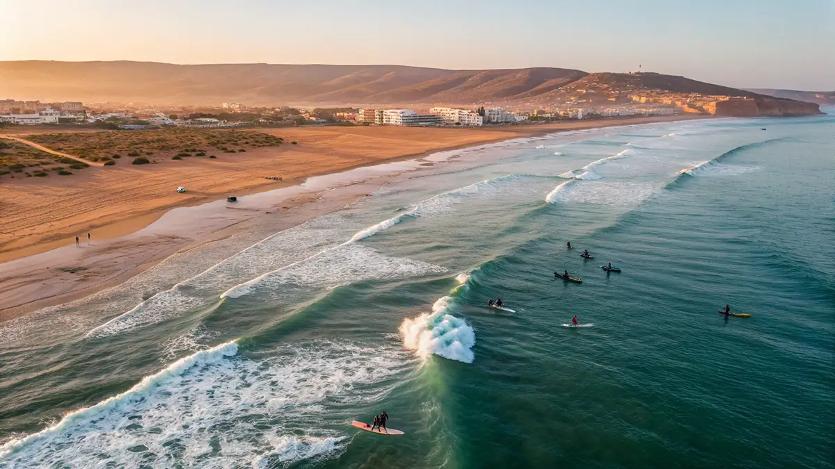 Panorama de la baie d’Agadir avec surfeurs au large sur l’Atlantique
